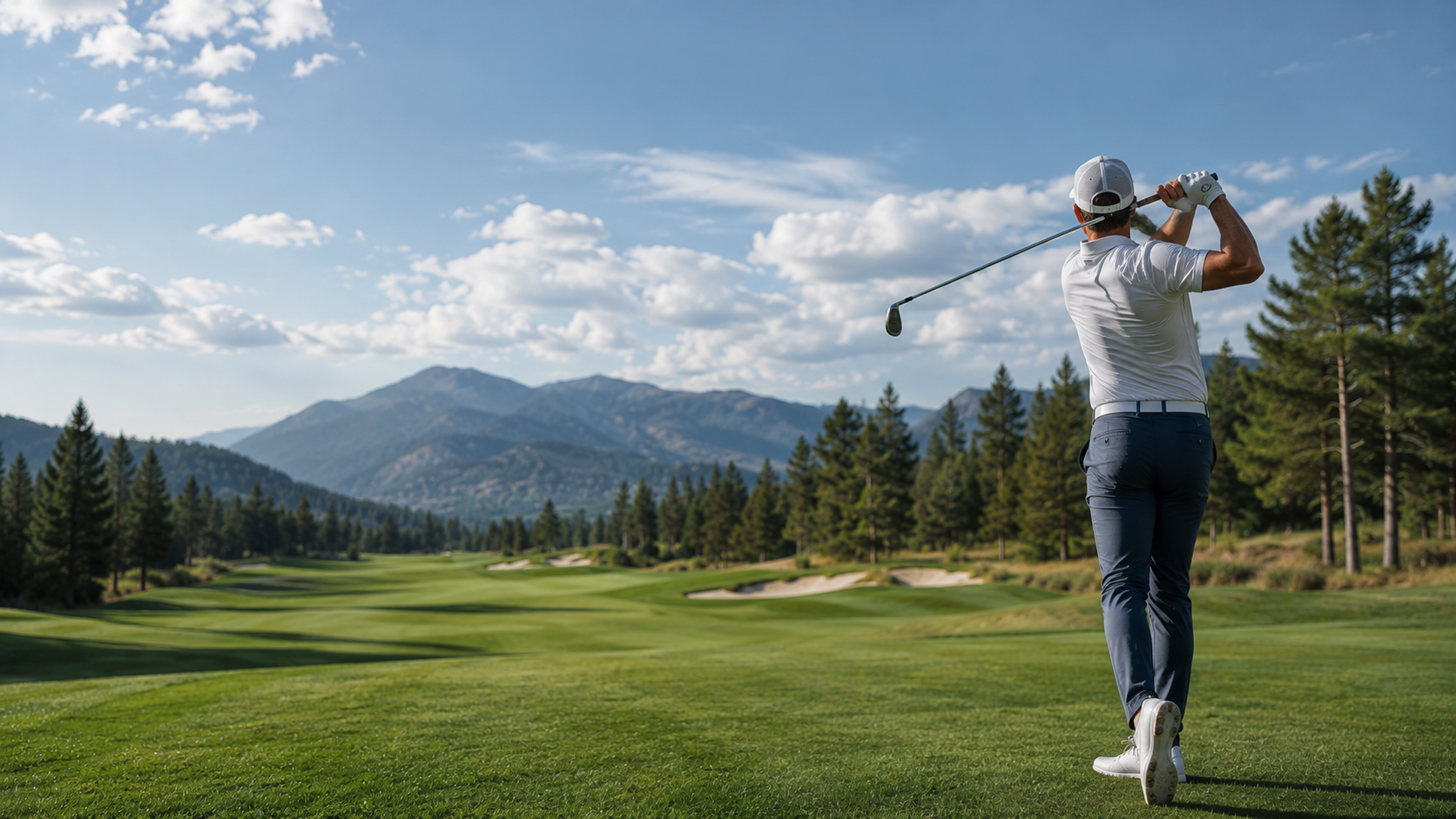 Golfer hitting an approach shot on a mountain course